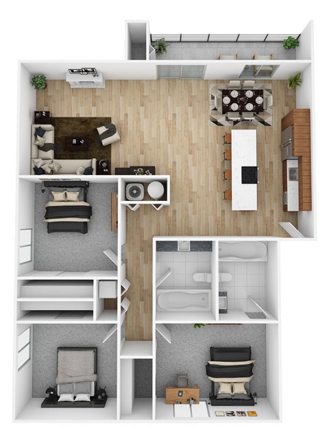 Floor plan for 3 beds, 2 baths, 1100 sqft
